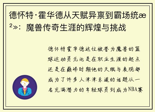 德怀特·霍华德从天赋异禀到霸场统治：魔兽传奇生涯的辉煌与挑战