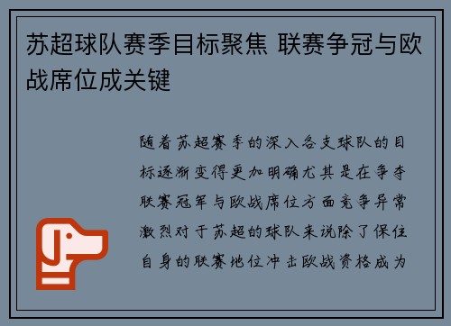 苏超球队赛季目标聚焦 联赛争冠与欧战席位成关键